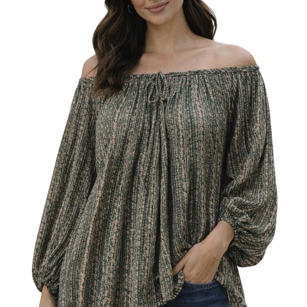 *NWT* RRB Off The Shoulder Blouse Womens Small Green Metallic Balloon Sleeve